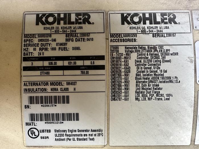 Used Used Kohler 500REOZVB TWD1643GE Diesel Generator, 412 Hrs, EPA Tier 2, 500 KW
