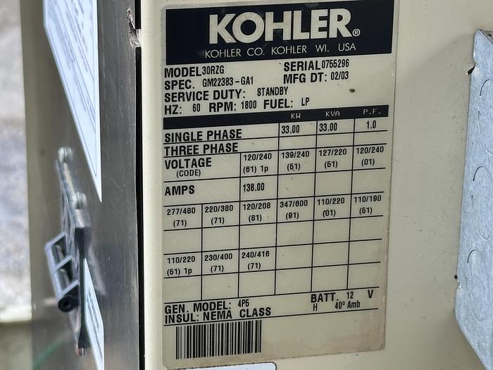 Used Used Kohler 30RZG Natural Gas / Propane Generator, 467 Hrs Single Phase, 33 KW