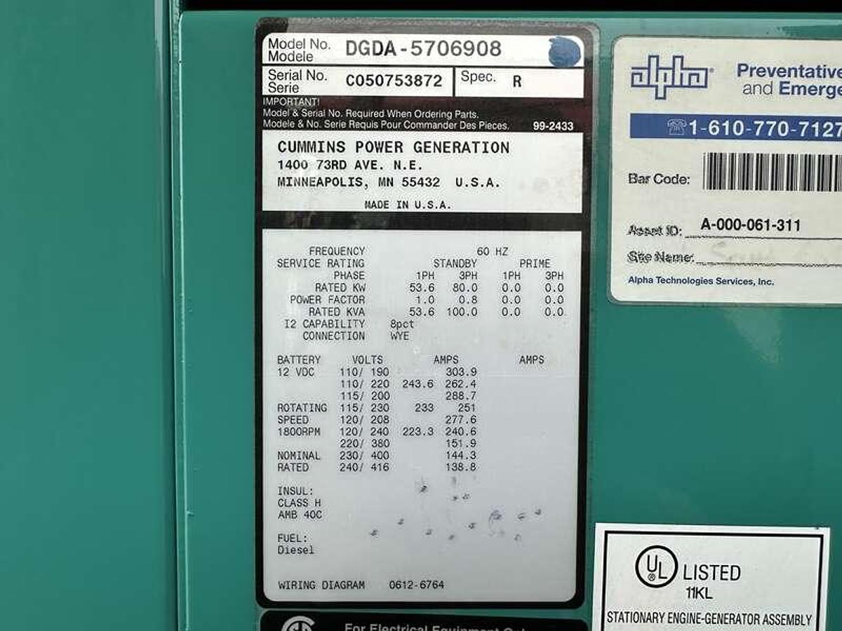 Used Used Cummins DGDA 6BT5.9-G6 Diesel Generator, 612 Hrs 80 kW