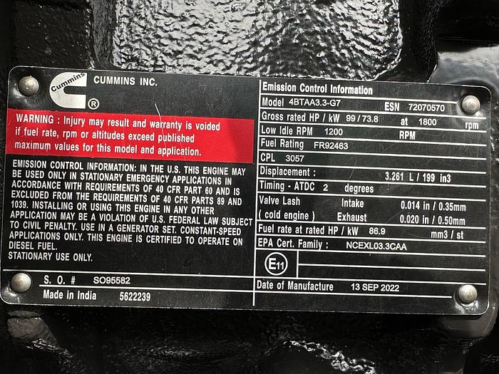 New Cummins C60D6 Diesel Generator, EPA Tier 3 - Single Phase, 60 KW