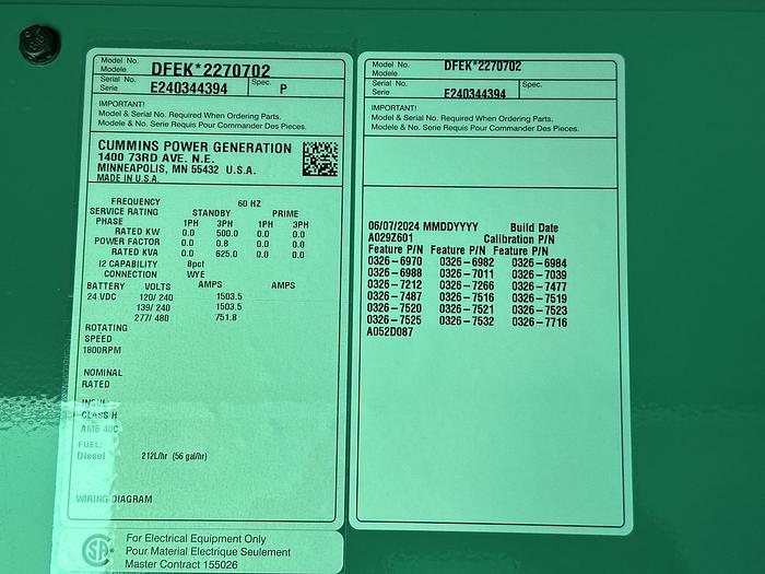 New Cummins DFEK QSX15-G9 Diesel Generator EPA Tier 2, 500 KW