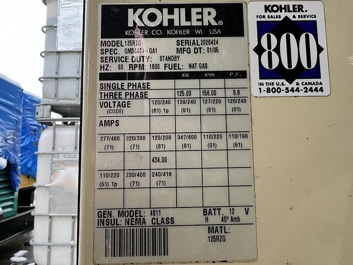 Used Used Kohler 125RZG Natural Gas / Propane Generator, 526 Hrs, 125 KW