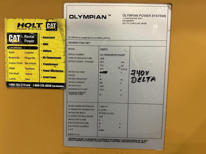 Used Used Caterpillar / Olympian G80F3 Natural Gas / Propane Generator, 803 Hrs, 75 KW