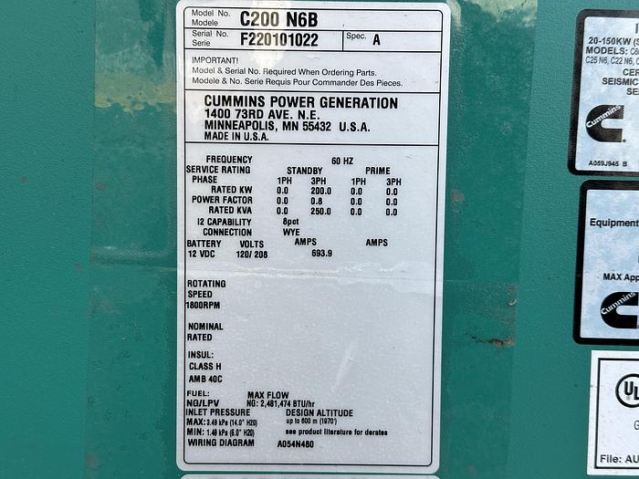 Used Used Cummins C200N6B QSJ8.9G Natural Gas / Propane Generator, 547 Hrs, EPA Certified, 200 KW