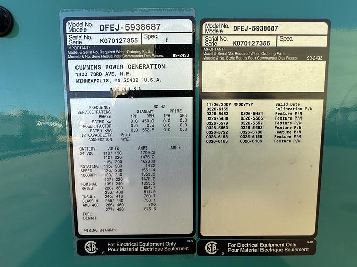 Used Used Cummins DFEJ QSX15-G9 NR2 Diesel Generator 434 Hrs EPA Tier 2, 450 KW