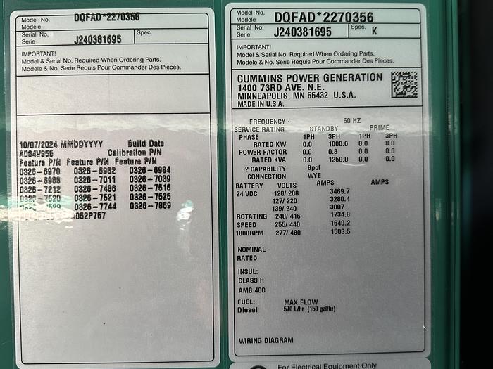 New Cummins DQFAD QST30-G5 NR2 Diesel Generator, EPA Tier 2, 1000 KW