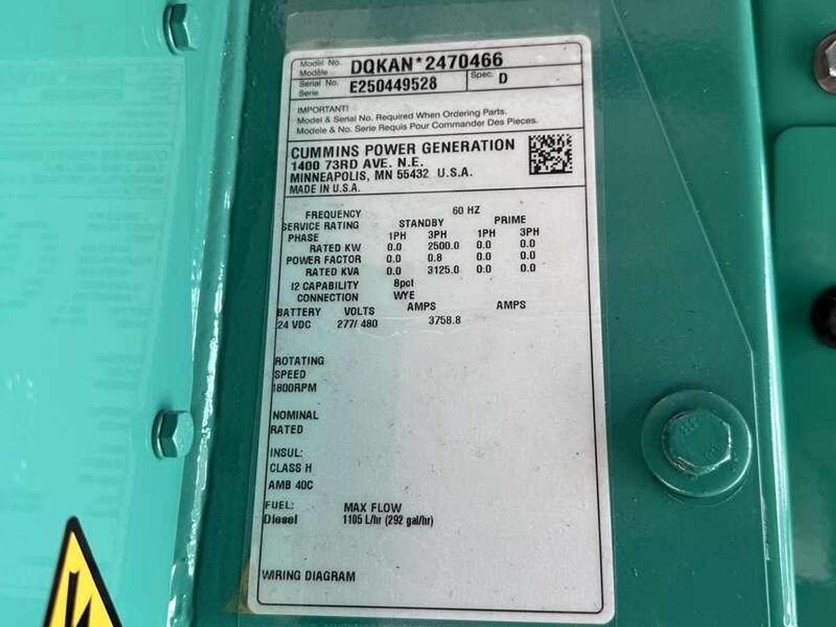 New Cummins DQKAN Diesel Generator, EPA Tier 2 , 2025*****, 2500 KW JUST IN