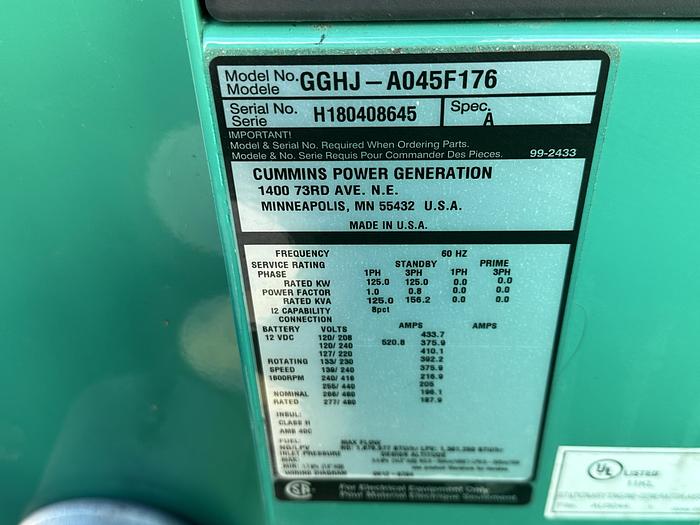 Used Used Cummins GGHJ Natural Gas / Propane Generator, 181 Hrs, EPA Certified, 1 or 3 Phase, 125 KW