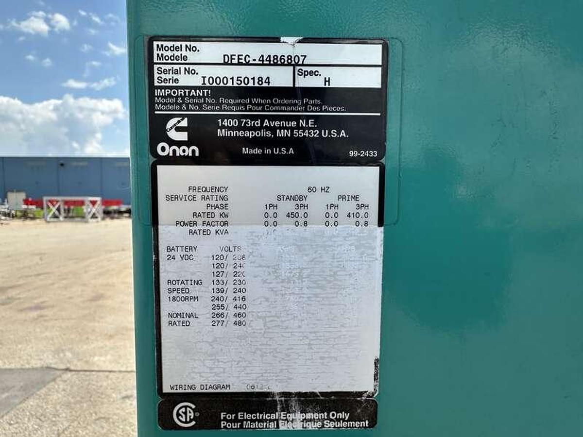 Used Cummins DFEC KTA19-G3 NR2 Diesel Generator, 2323 Hrs 450 kW