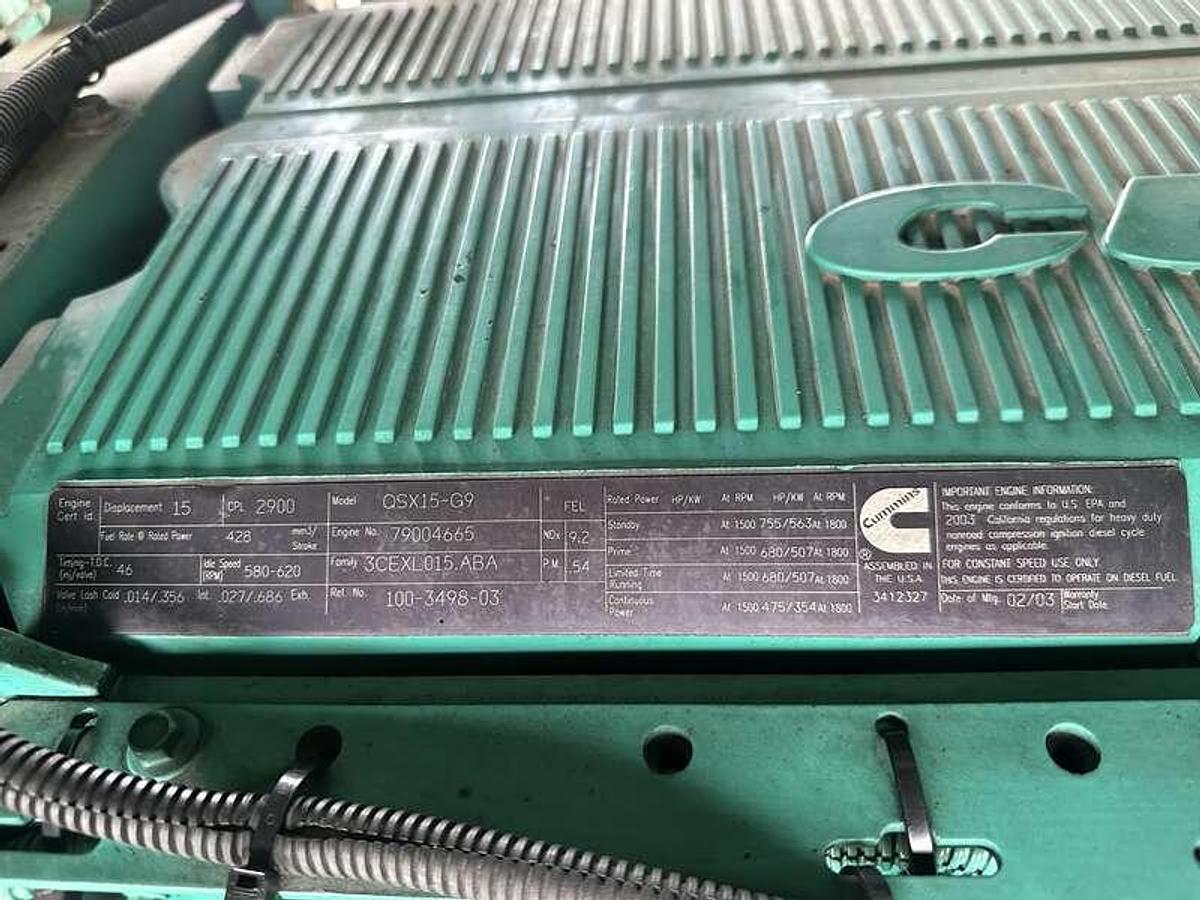 Used Cummins DFEK QSX15-G9 Diesel Generator, 887 Hrs500 kW