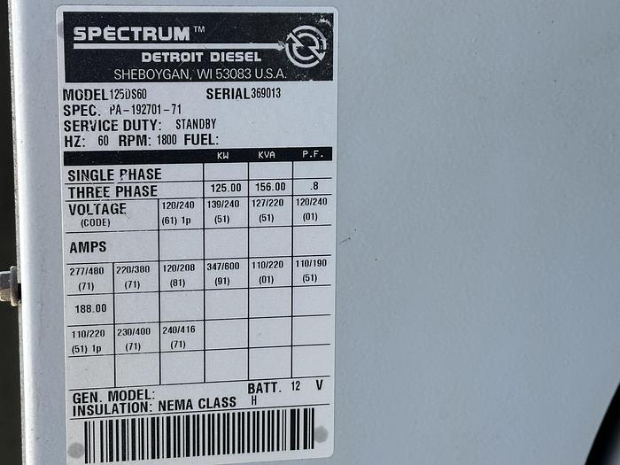 Used Used Detroit Diesel 125DS60 Series 40 6.7L Diesel Generator, 1066 Hrs, 125 KW