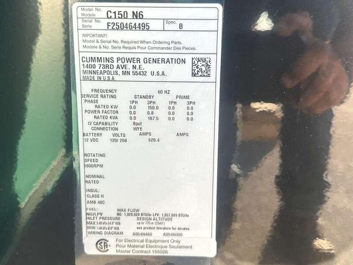 New Cummins C150N6 QSJ8.9G Natural Gas / Propane Generator, EPA Certified 150 kW