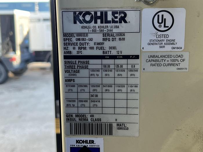 Used Used Kohler 100REOZJD Diesel Generator, 520 Hrs, EPA Tier 3, 100 KW