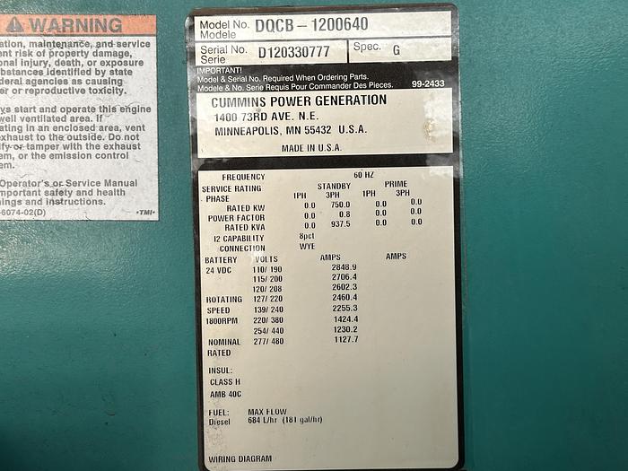 Used Used Cummins DQCB QSK23-G7 NR2 Diesel Generator, 468 Hrs, EPA Tier 2, 750 KW