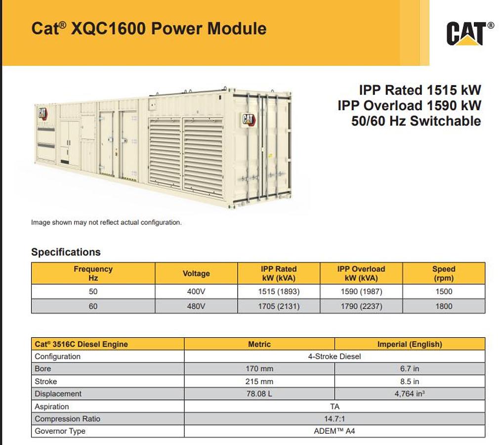 2026 Caterpillar XQC1600IPP Rated 1515 kW IPP Overload 1590 kW 50/60 Hz Switchable