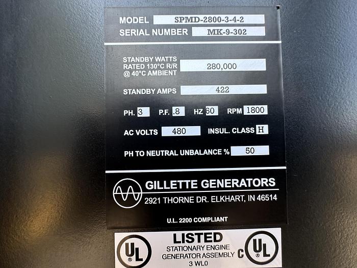 Used Used Gillette SPMD-2800-3-4-2 Diesel Generator,  140 Hrs, EPA Tier 3, 280 KW
