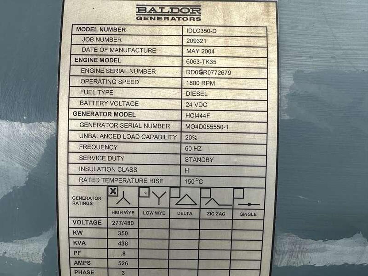 Used Used Baldor IDLC350-D Diesel Generator, 180 hrs  350 kW