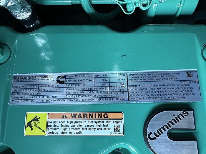 New Cummins C100D6C QSB5-G13 NR3 Diesel Generator, EPA Tier 3, 100 KW