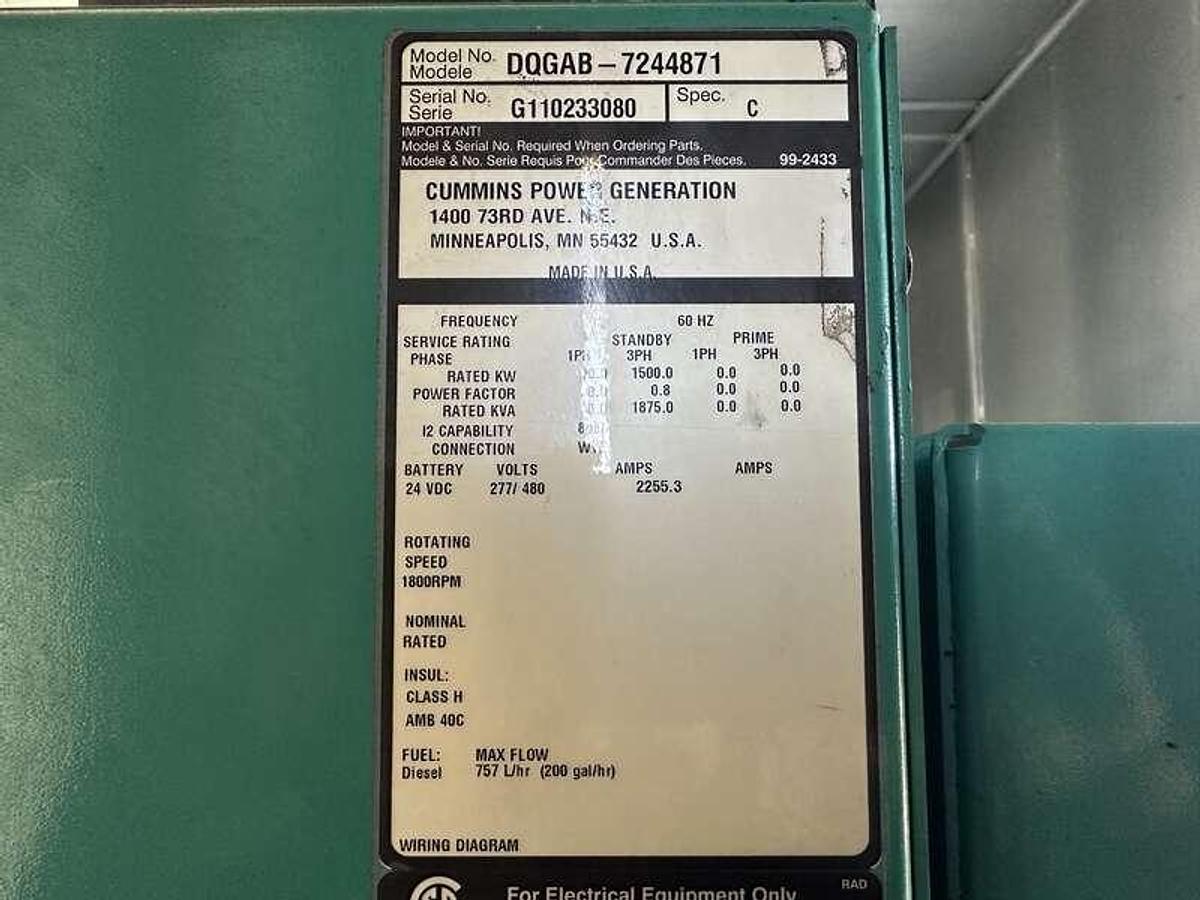 Used Used Cummins DQGAB Diesel Generator, 770 Hrs, EPA Tier 2 1500 kW