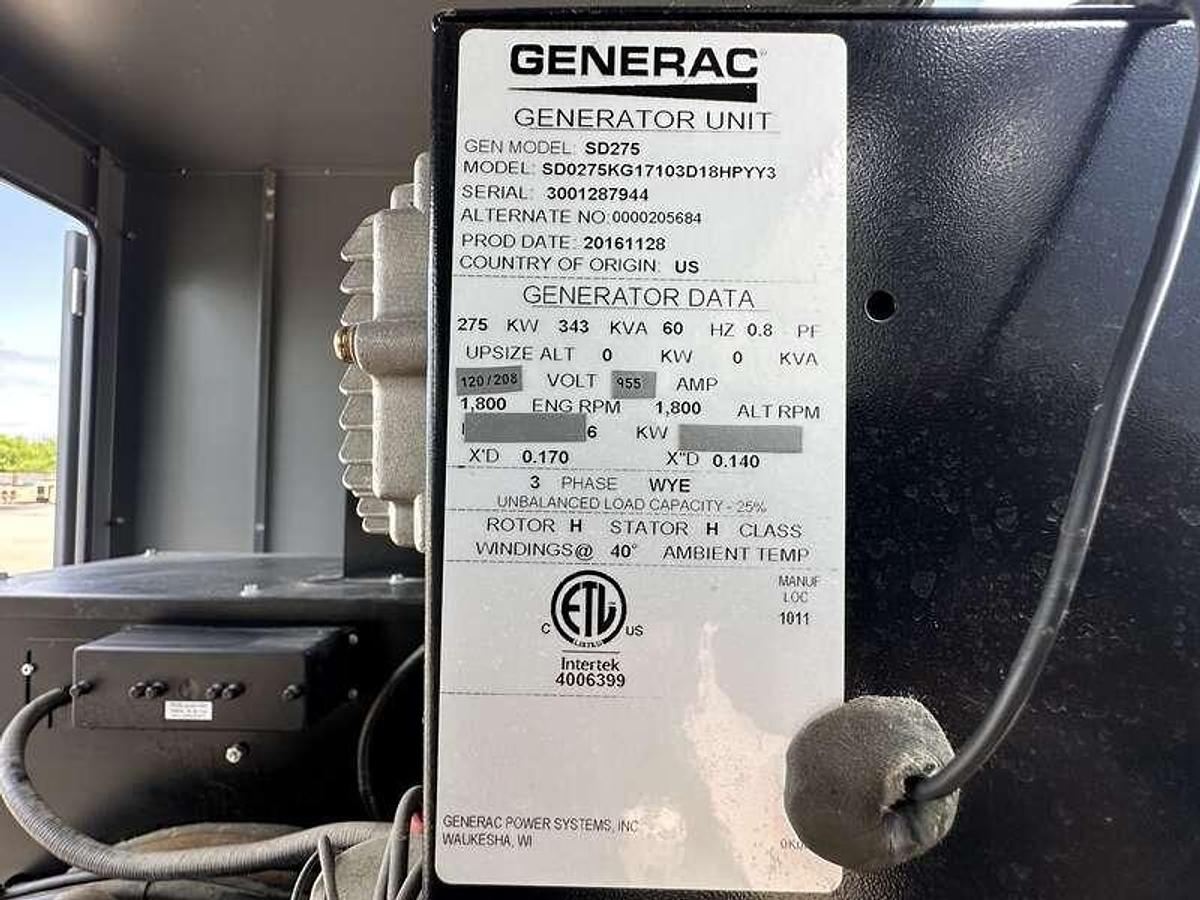 Used Used Generac SD0275 Iveco/FPT 10.3L Diesel Generator, 146 Hrs, EPA Tier 3  275 kW