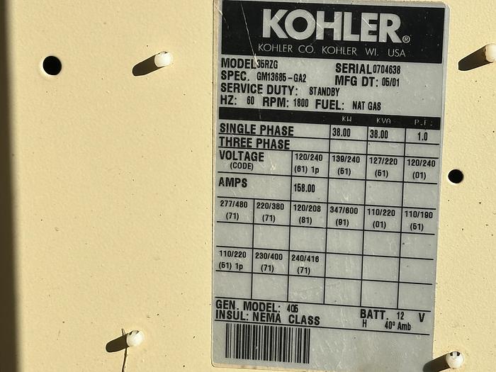 Used Used Kohler 35RZG Natural Gas / Propane Generator, 523 Hrs Single Phase, 38 KW