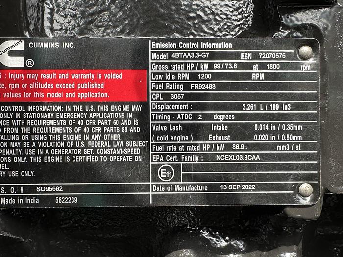 New Cummins C60D6 Diesel Generator, EPA Tier 3 - Single Phase, 60 KW