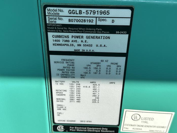 Used Used Cummins GGLB Natural Gas / Propane Generator, 320 Hrs, 150 KW
