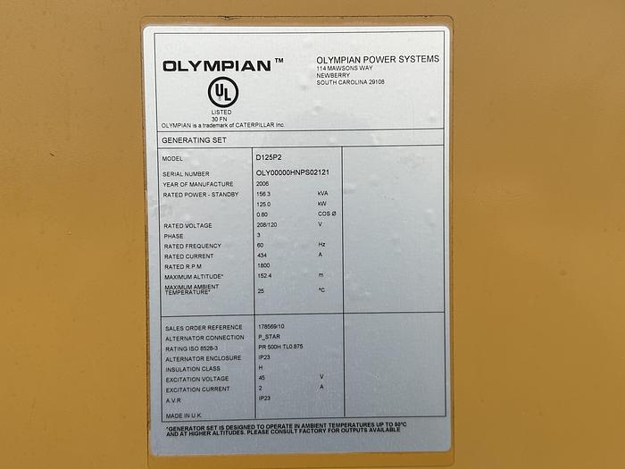 Used Used Caterpillar Olympian D125P2 Diesel Generator, 674 Hrs, 125 KW