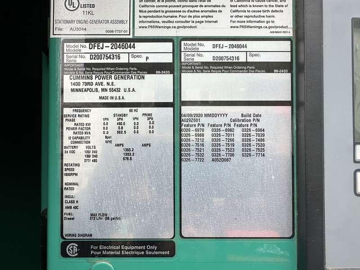 Used Used Cummins DFEJ QSX15-G9 NR2 Diesel Generator 38 Hrs EPA Tier 2 450 kW