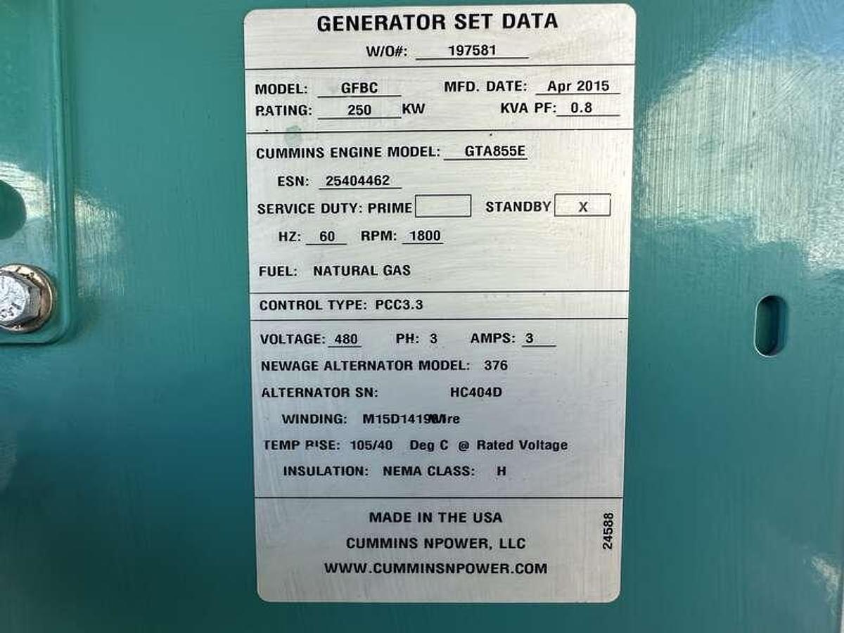 Used Used Cummins GFBC GTA855-G3 Natural Gas Generator, 124 Hrs 250 kW