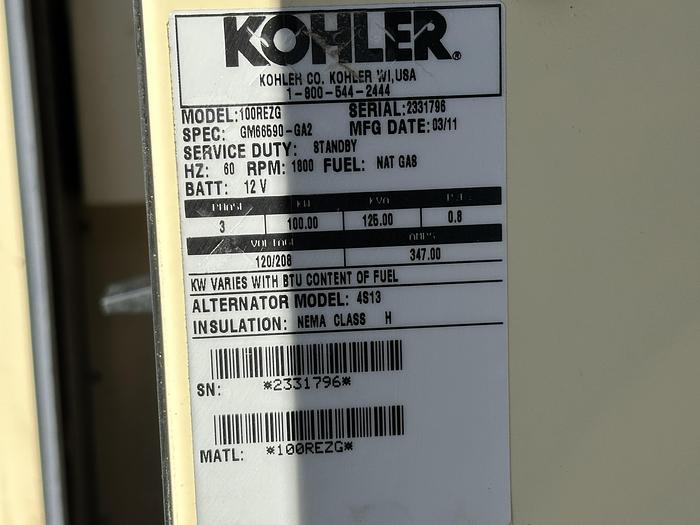 Used Used Kohler 100REZG Natural Gas / Propane Generator, 114 Hrs, EPA Certified, 100 KW