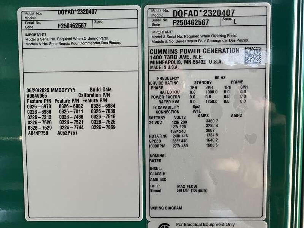 New Cummins DQFAD QST30-G5 NR2 Diesel Generator, EPA Tier 2 $329,900 1000 kW