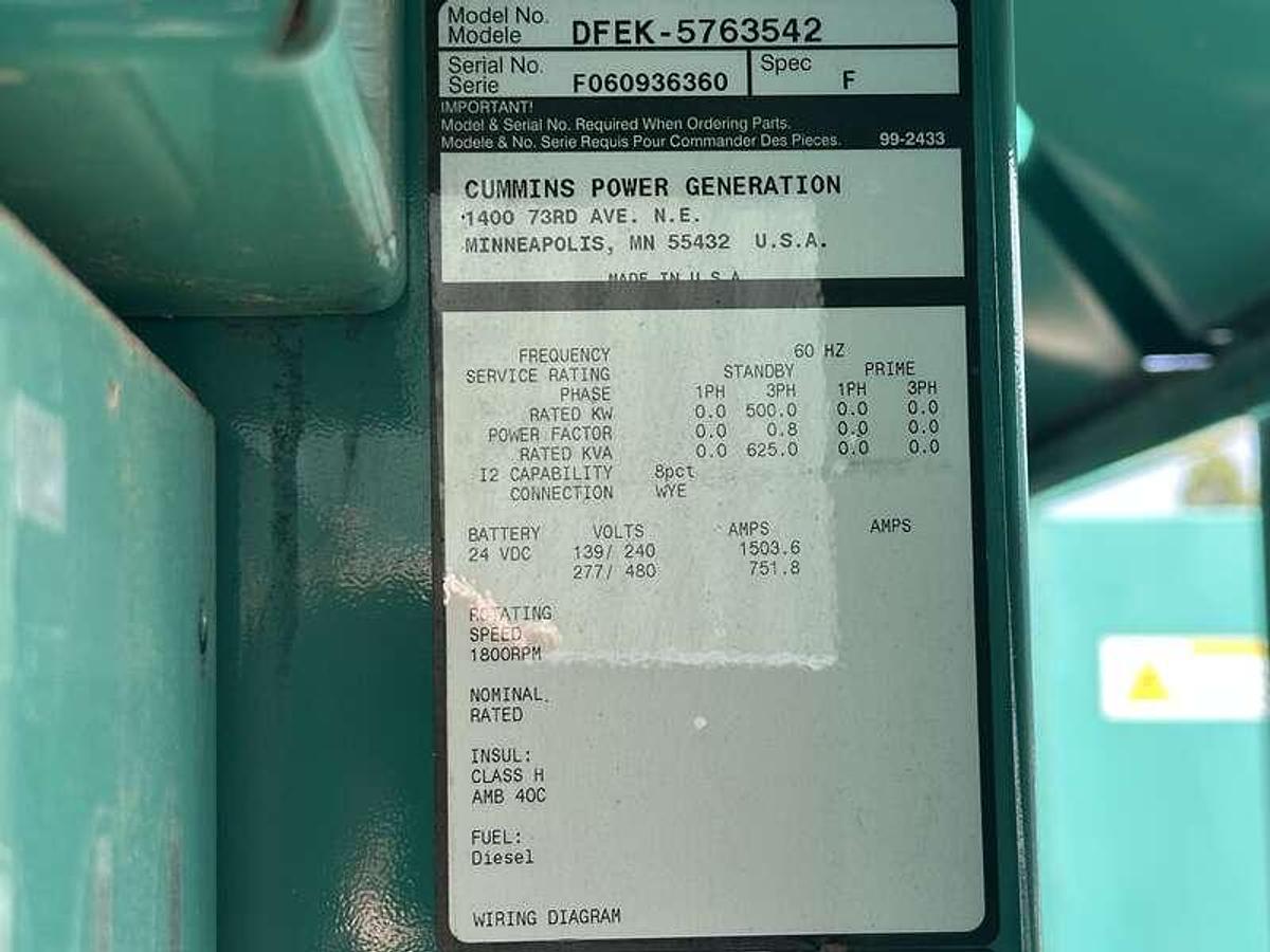 Used Cummins DFEK QSX15-G9 NR2 Diesel Generator, 501 Hrs, EPA Tier 2  500 kW