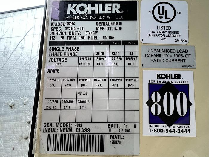 Used Used Kohler 125RZG Natural Gas / Propane Generator, 1023 Hrs, 125 KW