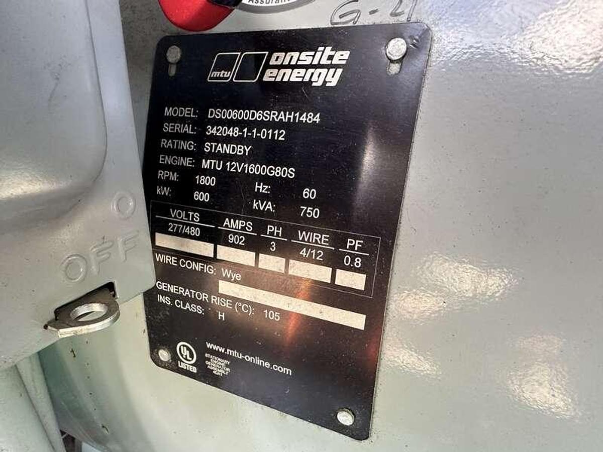 Used Used MTU DS600 12V1600G80S Diesel Generator, 105 Hrs, EPA Tier 2  600 kW