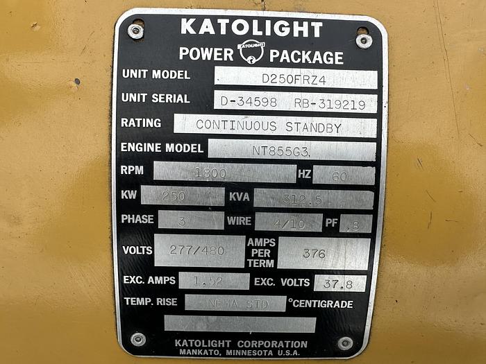 Used Used Katolight D250FRZ4 Diesel Generator, 681 Hrs, 250 KW
