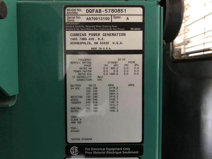 Used Used Cummins DQFAB QST30-G5 diesel generator 292 Hrs, EPA Tier 2, 800 KW