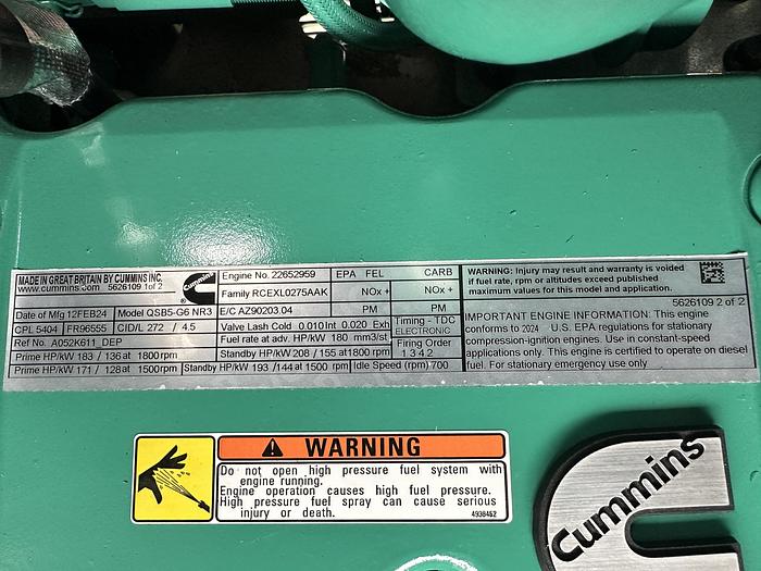 New Cummins C125D6C QSB5-G6 NR3 Diesel Generator, 0 Hrs, EPA Tier 3, 125 KW