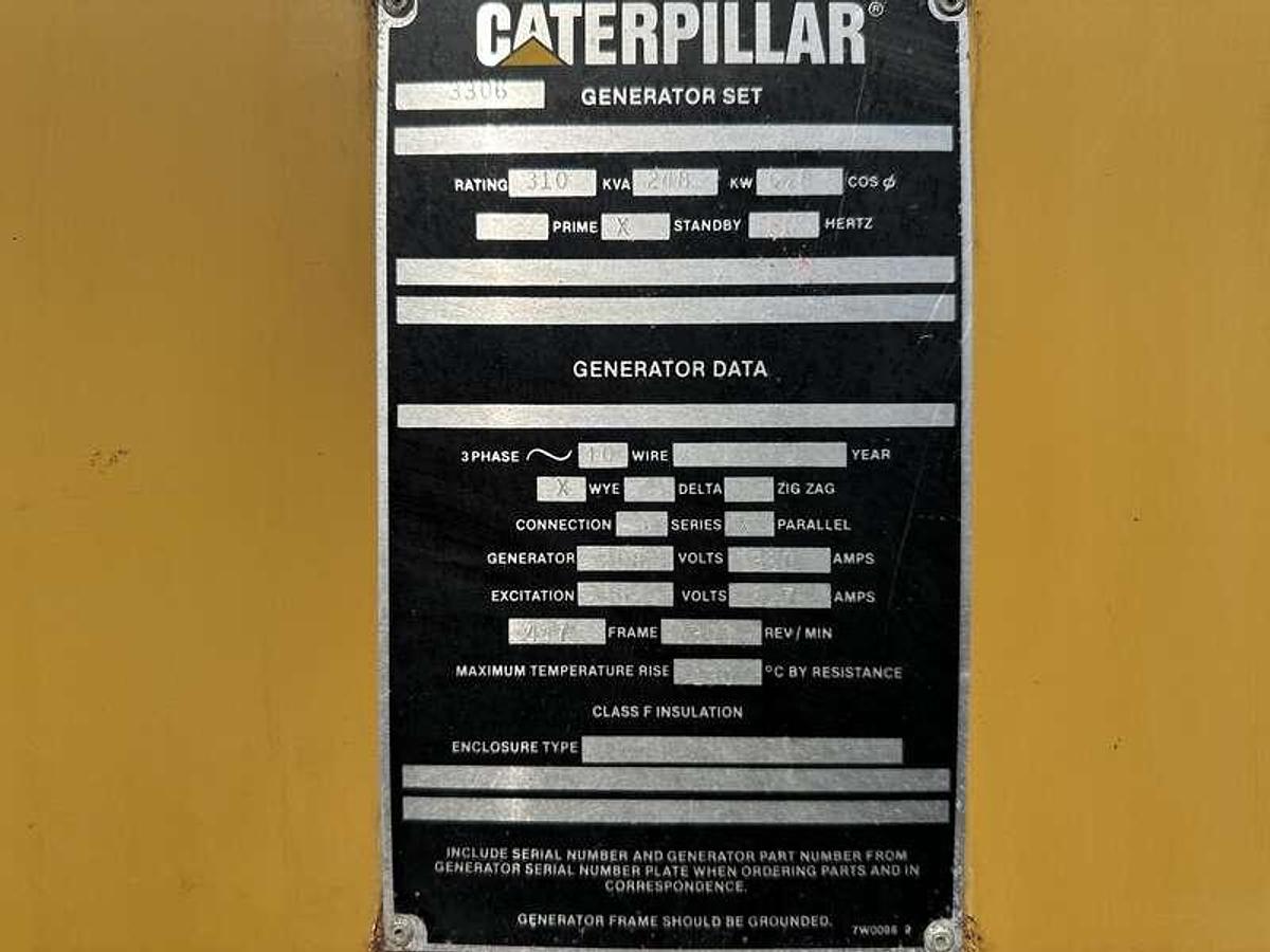 Used Used Caterpillar 3306B Diesel Generator, 1102 Hrs 250 kW