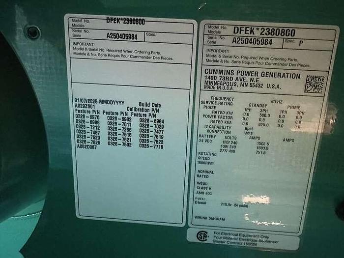 Used New Cummins 500 kW standby (455 kW prime) diesel generator set, model DFEK, SN-A250405984