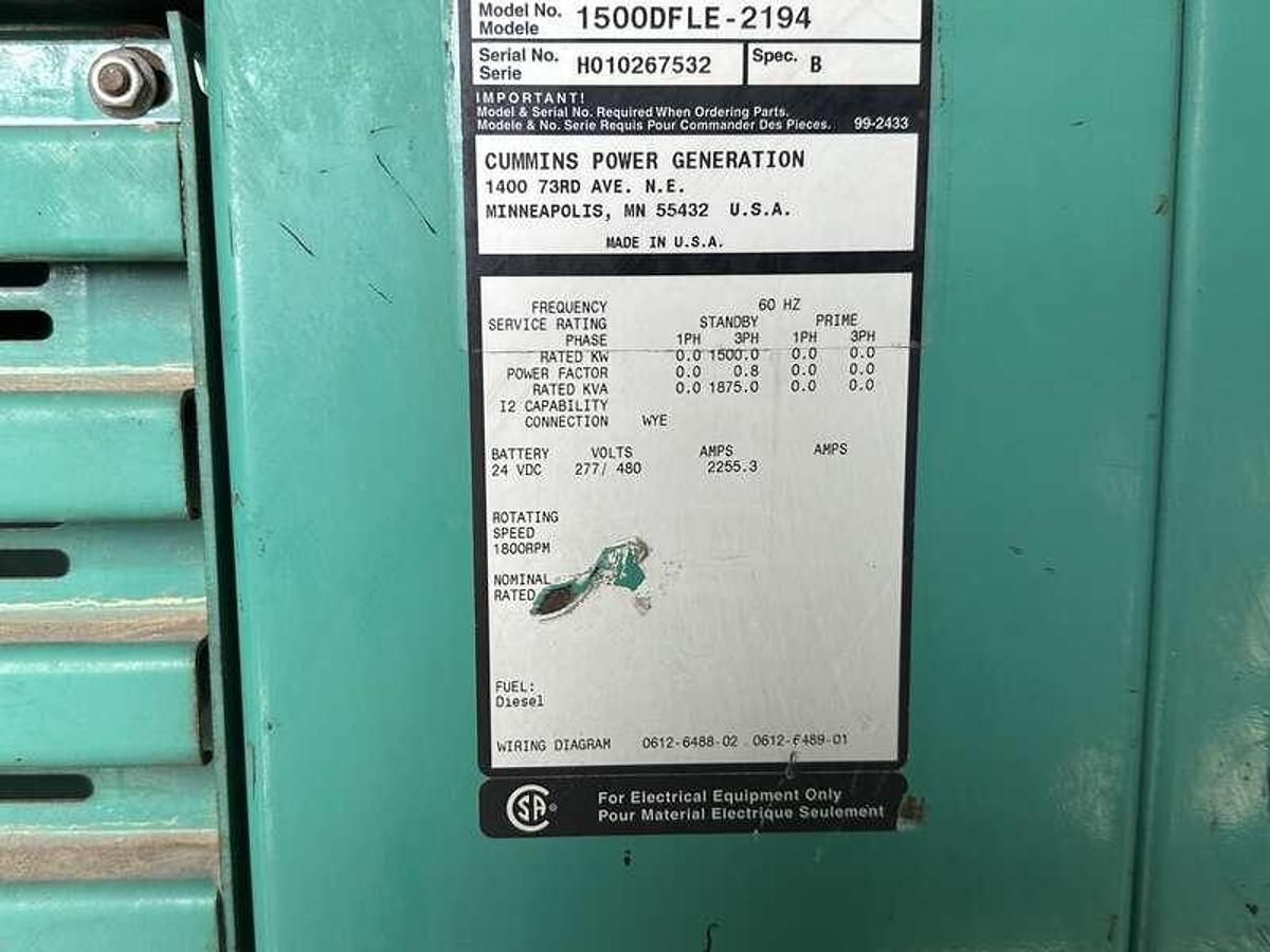 Used Used Cummins DFLE KTA50-G9 Diesel Generator, 179 Hrs  1500 kW