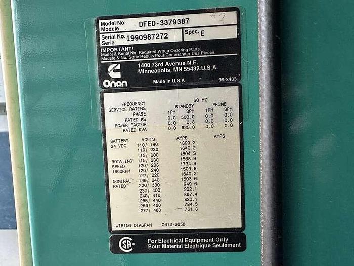 Used USED Cummins 500 kW standby (450 kW prime) diesel generator