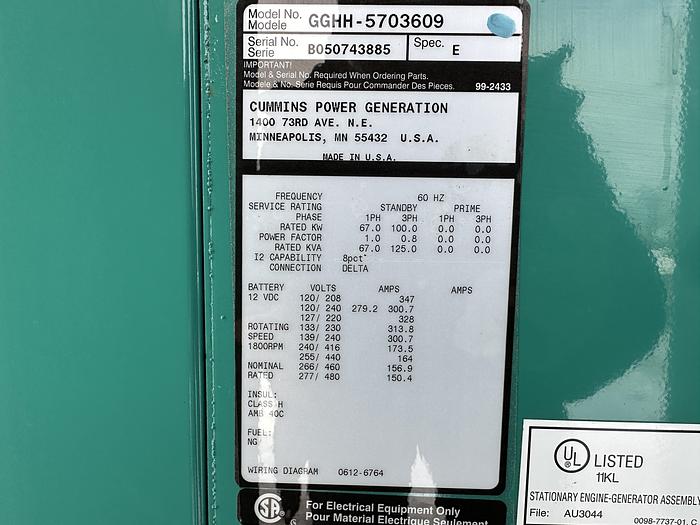 Used Used Cummins GGHH Natural Gas / Propane Generator, 361 Hrs, EPA Certified, 100 KW
