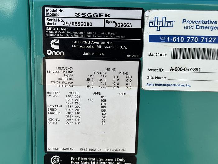 Used Used Cummins GGFB Natural Gas / Propane Generator, 361 Hrs 1 or 3 Phase, 35 KW