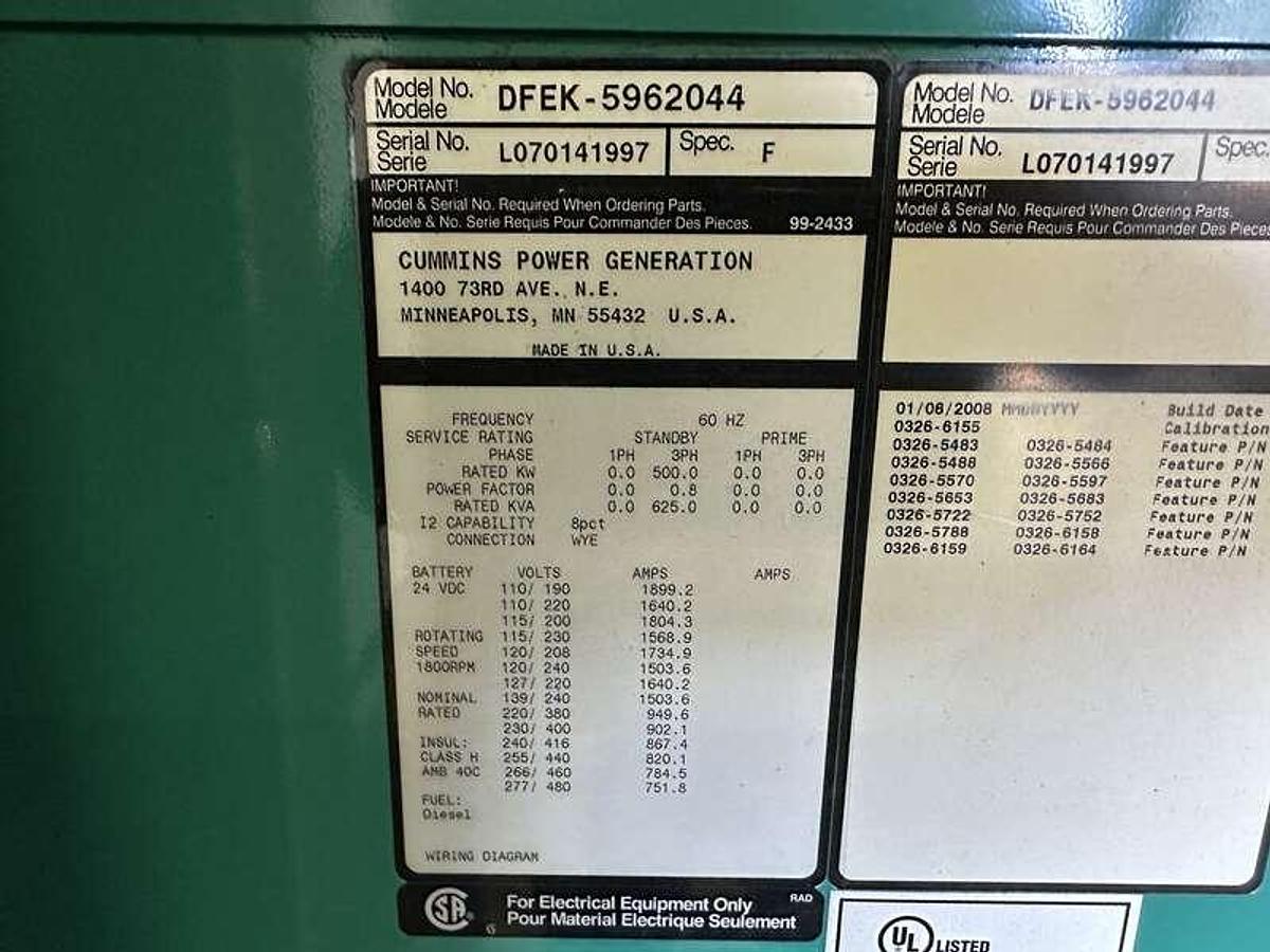 Used Cummins DFEK QSX15-G9 NR2 Diesel Generator, 647 Hrs, EPA Tier 2  500 k