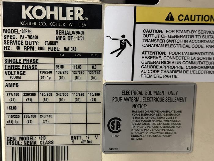 Used Used Kohler 100RZG Natural Gas / Propane Generator, 546 Hrs, 95 KW