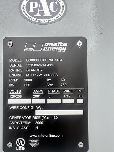 Used Used MTU DS600 12V1600G80S Diesel Generator, 188 Hrs, EPA Tier 2, 600 KW