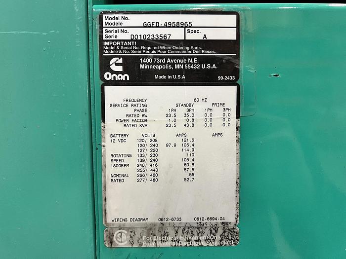 Used Used Cummins GGFD Natural Gas / Propane Generator, 375 Hrs, 35 KW