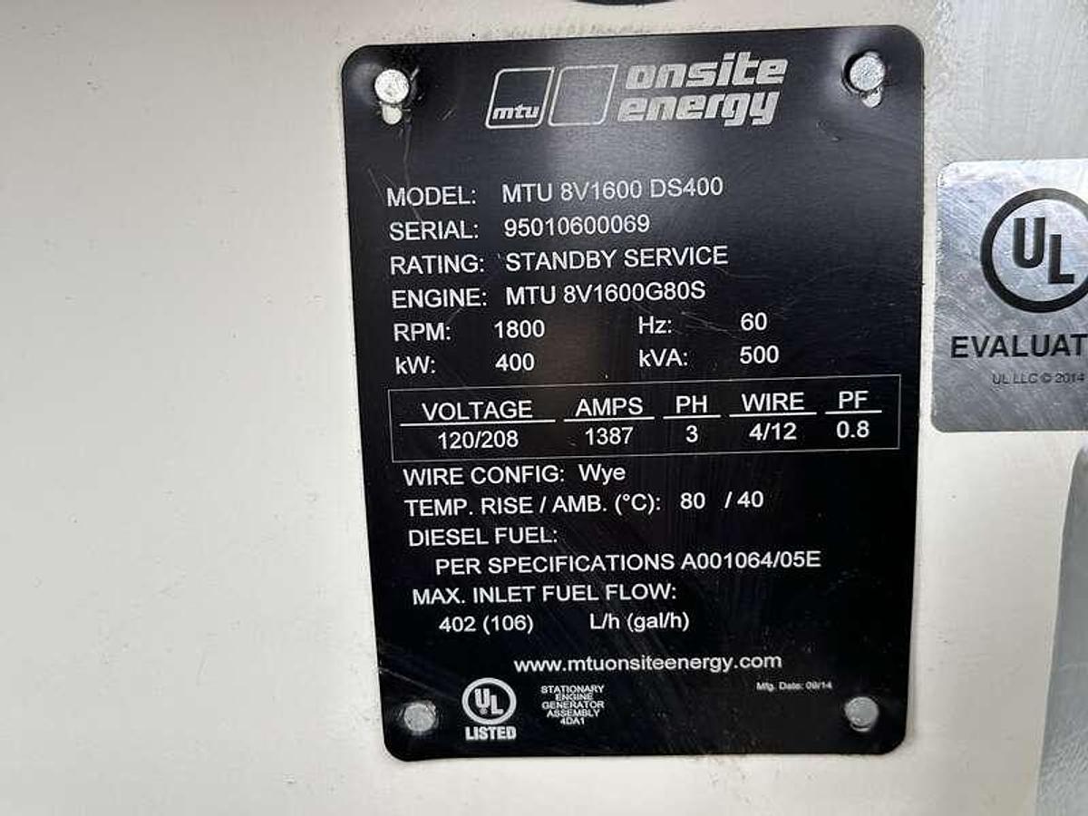 Used Used MTU DS400 MTU 8V1600G80S Diesel Generator, 27 Hrs, EPA Tier 3 400 kW