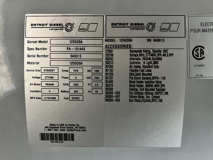 Used Used Kohler 1250ROZD4 Diesel Generator, 167 Hrs, 1250 KW